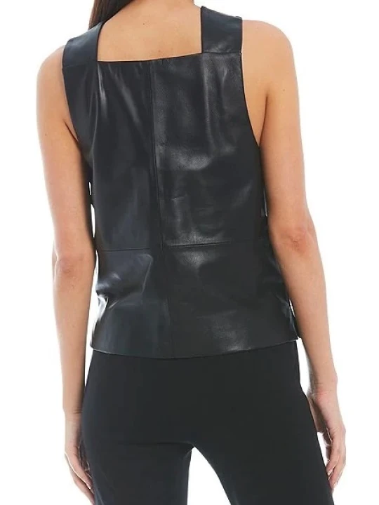Women Trendy Real Lambskin Black Leather Tops