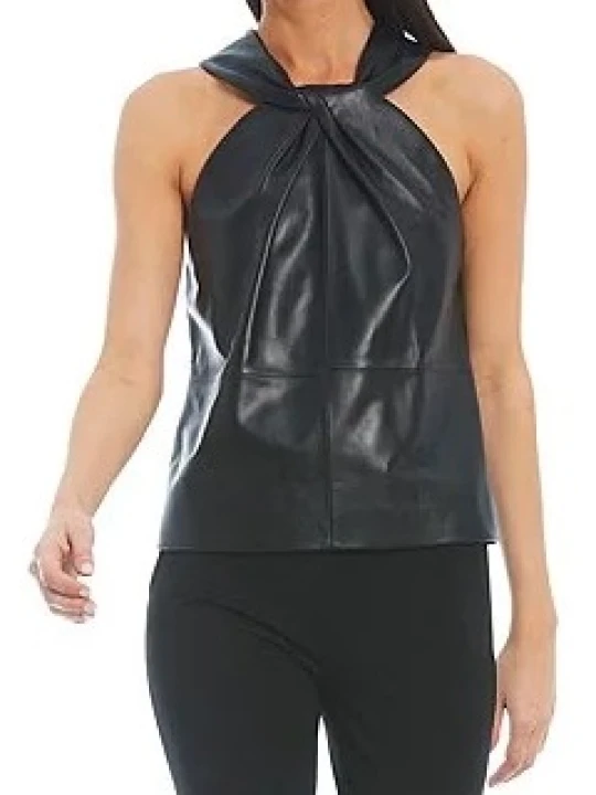 Women Trendy Real Lambskin Black Leather Tops