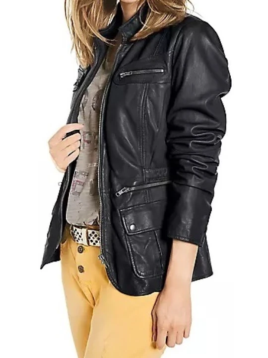 Women Unique Style Real Sheepskin Black Leather Coat