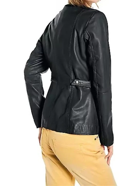 Women Unique Style Real Sheepskin Black Leather Coat