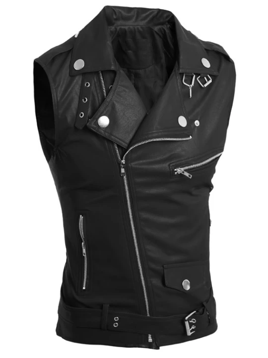 Women Biker Real Lambskin Black Leather Sleeveless Vest Jacket
