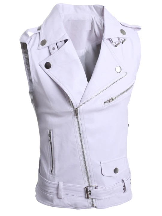 Women Biker Real Lambskin White Leather Sleeveless Vest Jacket