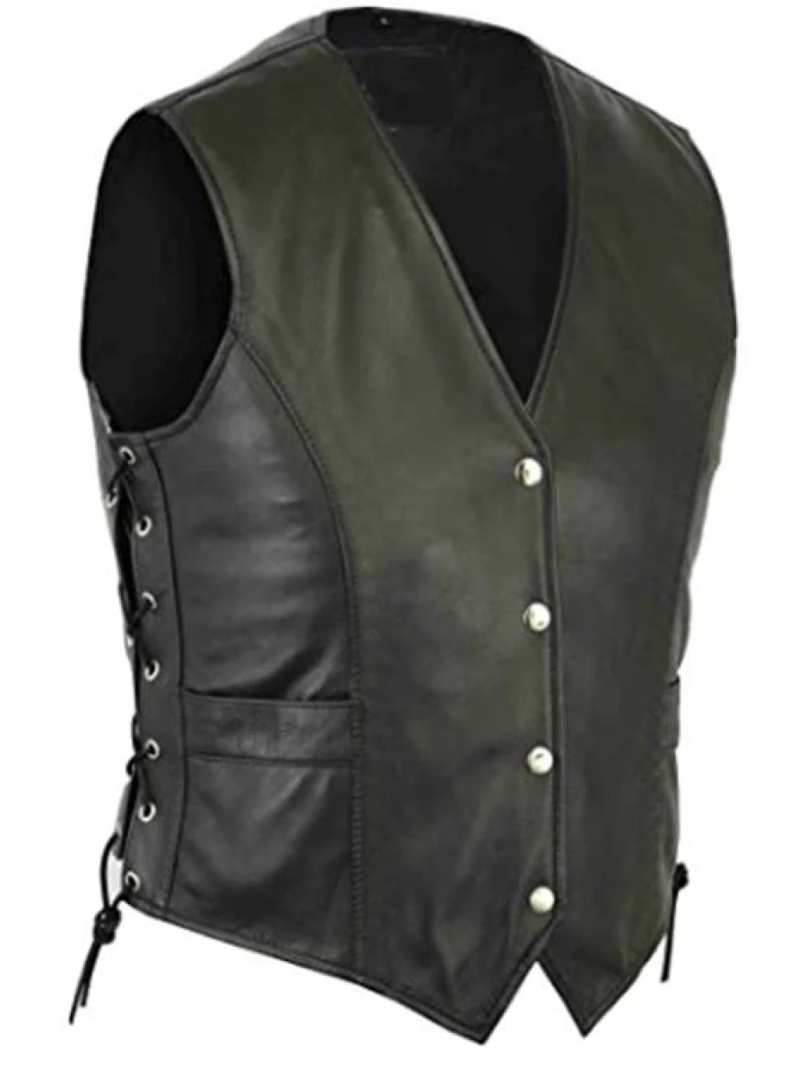 Women Side Lace Up Real Lambskin Black Leather Sleeveless Vest Jacket