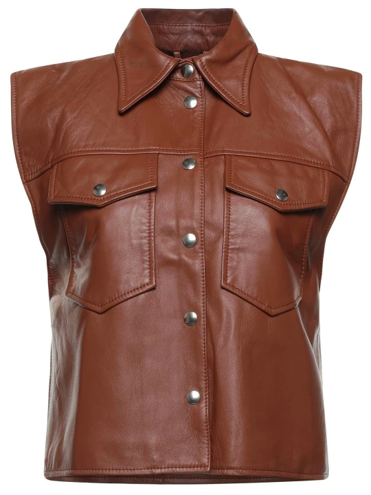 Women stylish Real Lambskin Brown Leather Sleeveless Vest Jacket