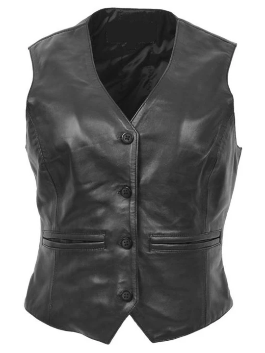 Women Trendsetting Real Lambskin Black Leather Sleeveless Vest Jacket