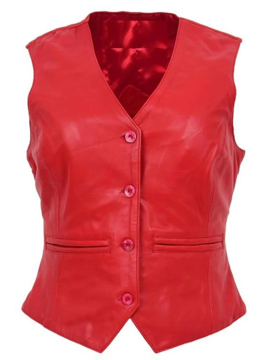 Women Trendsetting Real Lambskin Red Leather Sleeveless Vest Jacket