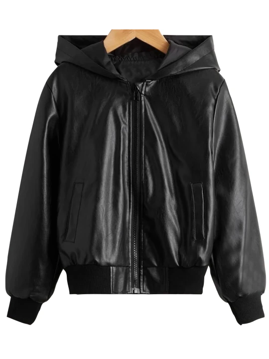 Boys Zipper Hooded Real Lambskin Black Leather Bomber Jacket