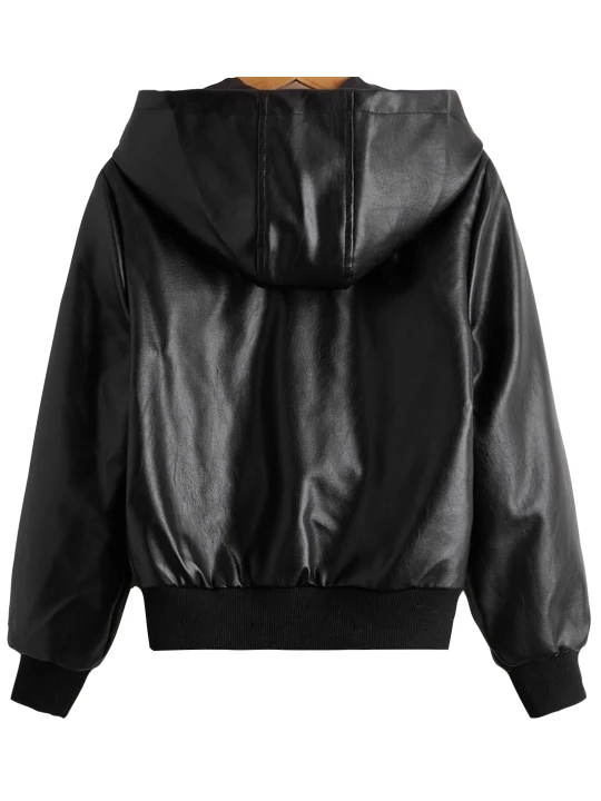 Boys Zipper Hooded Real Lambskin Black Leather Bomber Jacket