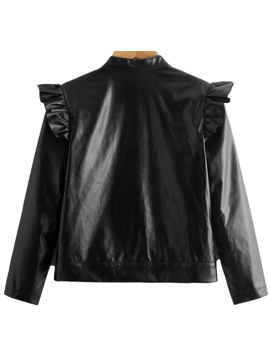 Girls Ruffle Trim Real Lambskin Black Leather Jacket