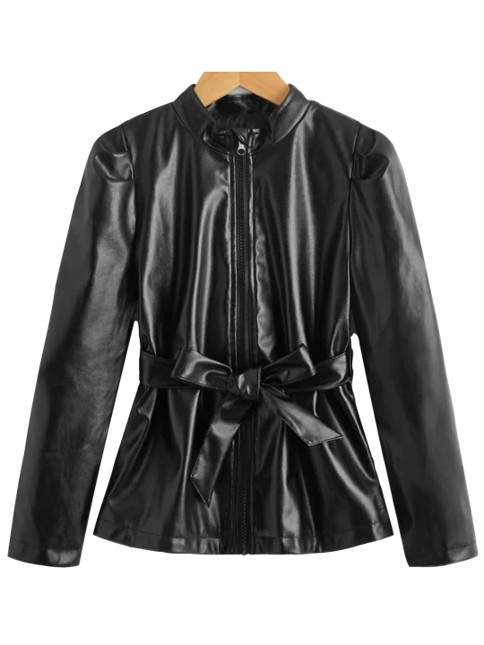 Girls Zipper Belted Real Lambskin Black Leather Coat