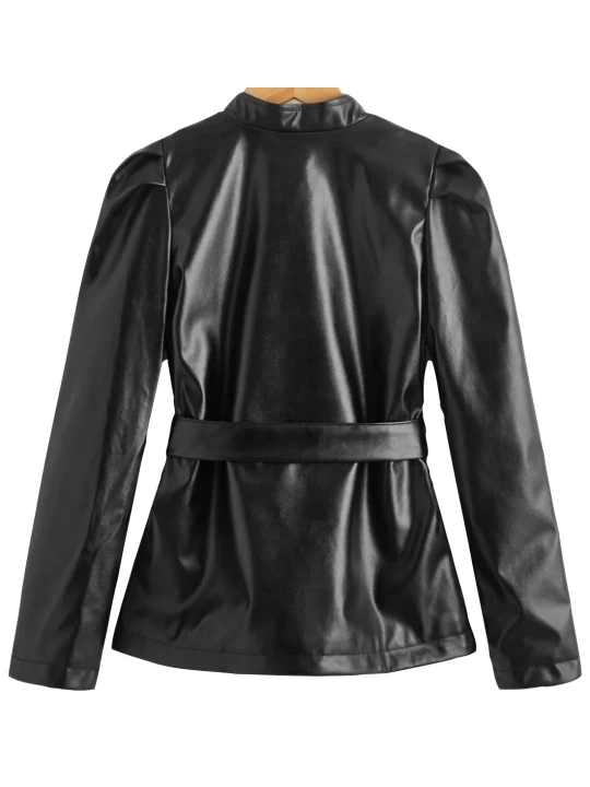 Girls Zipper Belted Real Lambskin Black Leather Coat