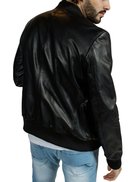 Men Classic Real Sheepskin Black Leather Bomber Jacket