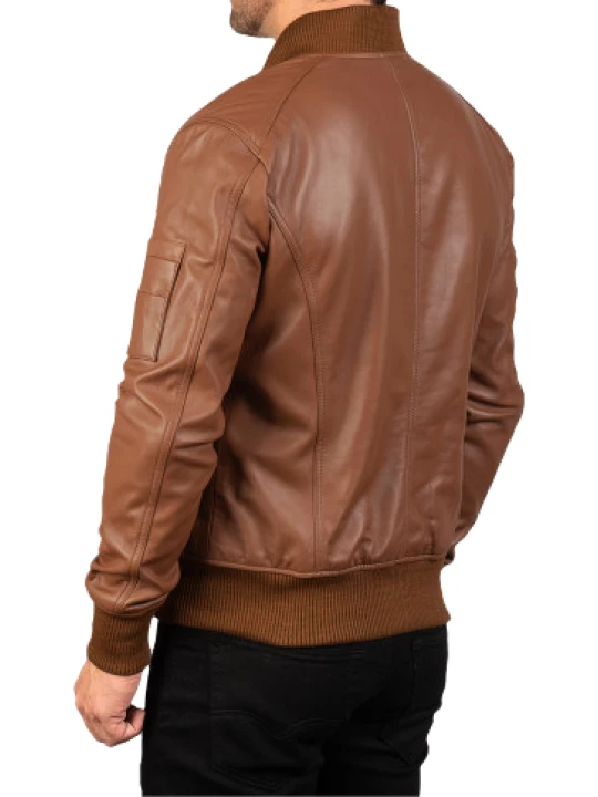 Men Classic Real Sheepskin Brown Leather Bomber Jacket