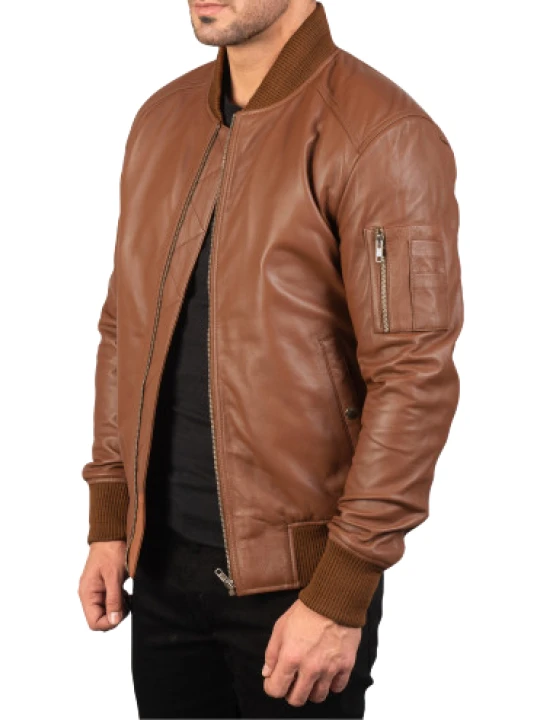 Men Classic Real Sheepskin Brown Leather Bomber Jacket