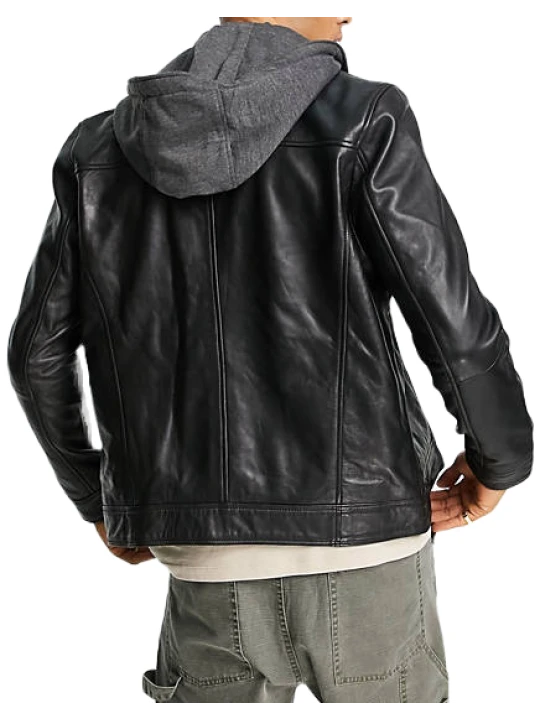 Men Edgy Wear Hooded Real Lambskin Black Leather Jacket