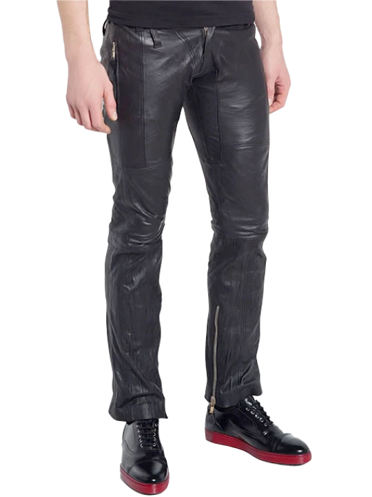 Men High Fashion Real Lambskin Black Leather Jeans