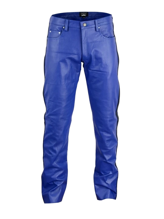Men Side Stripe Real Lambskin Blue Leather Jeans