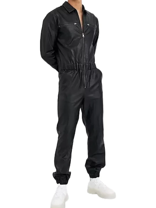 Men Trendy Fashion Real Lambskin Black Leather Jumpsuit