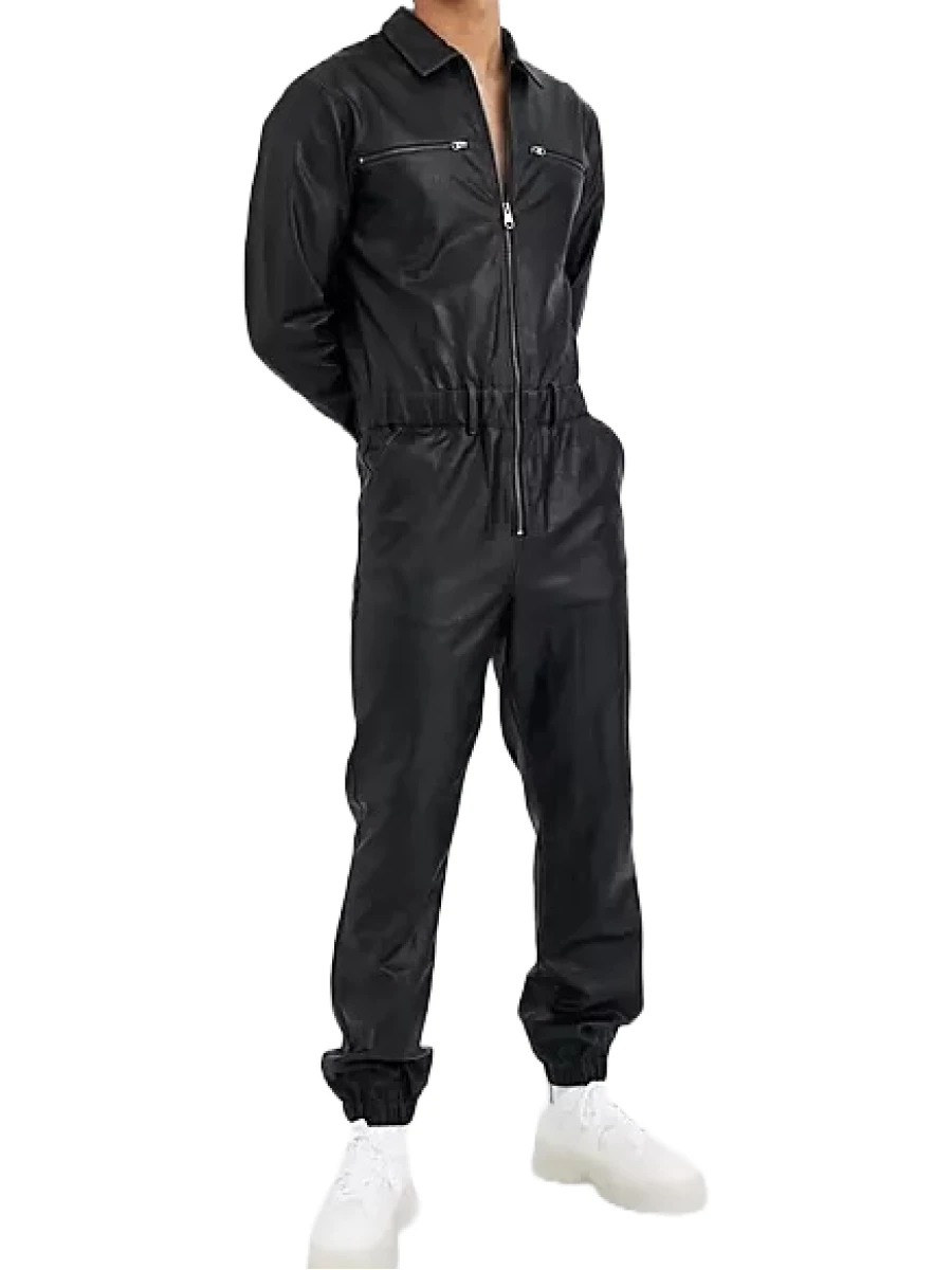 Men Trendy Fashion Real Lambskin Black Leather Jumpsuit