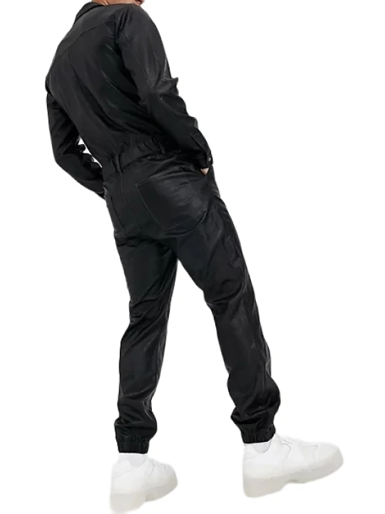 Men Trendy Fashion Real Lambskin Black Leather Jumpsuit Men Trendy Fashion Real Lambskin Black Leather Jumpsuit