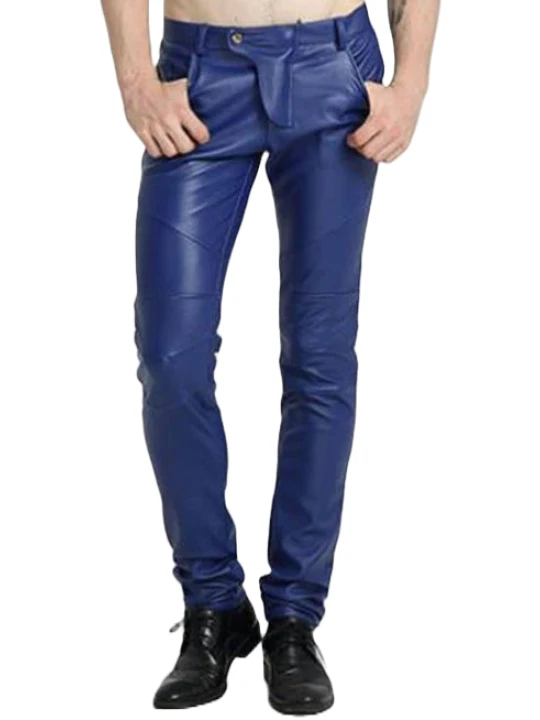Men Fabulous Wear Real Lambskin Blue Leather Trousers Pants