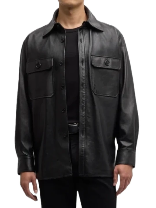 Chest Flap Pockets Black Leather Shirt