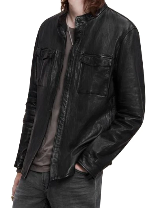 Men Casual Look Real Lambskin Black Leather Shirt