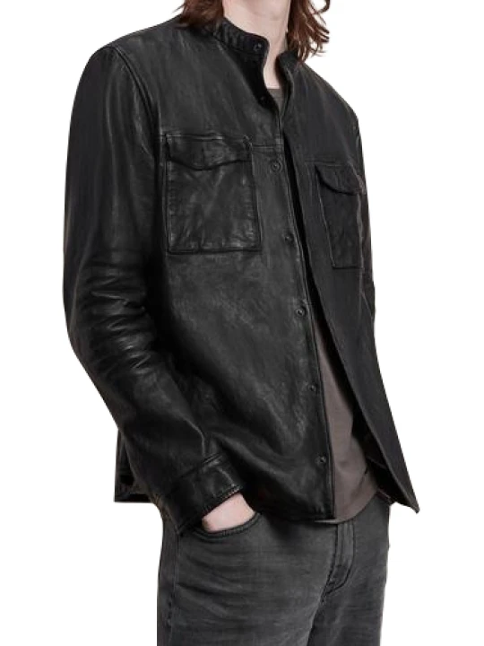 Men Casual Look Real Lambskin Black Leather Shirt