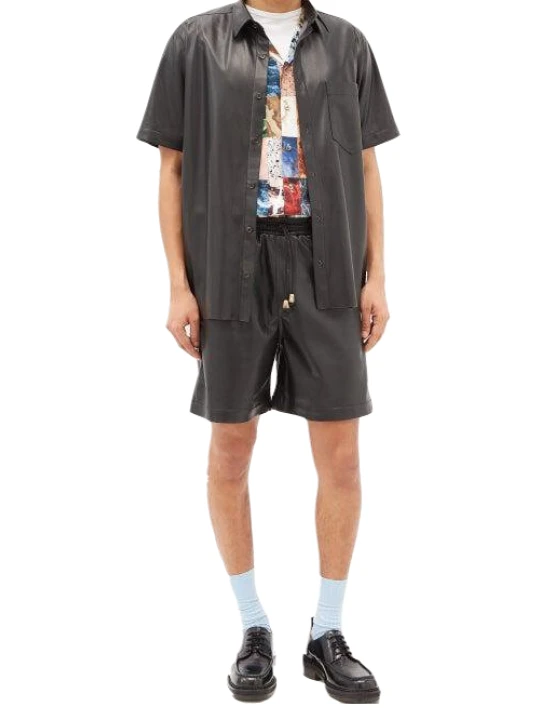 Men Casual Short Sleeve Real Lambskin Black Leather Shirt