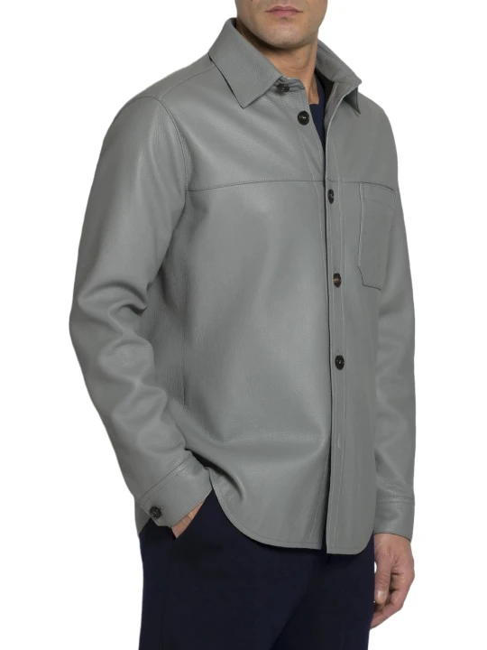Men Perfect Look Real Lambskin Grey Leather Shirt