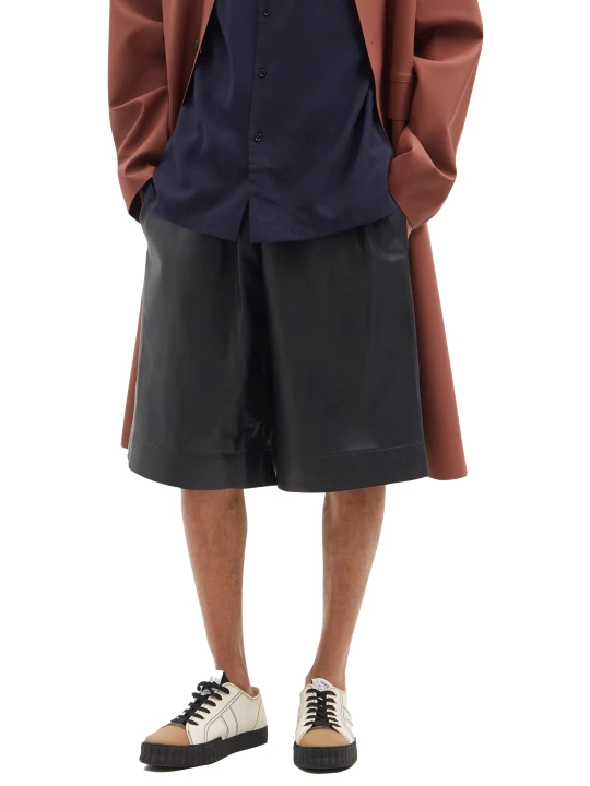 Men Elastic Waist Real Lambskin Black Leather Bermuda Shorts