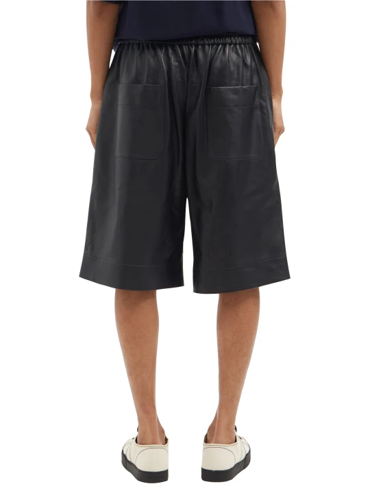 Men Elastic Waist Real Lambskin Black Leather Bermuda Shorts