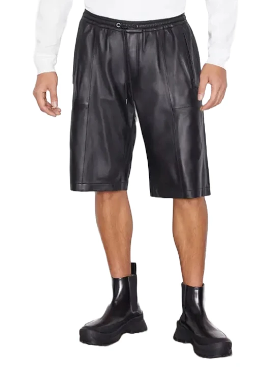 Men Perfect Look Real Lambskin Black Leather Sports Shorts