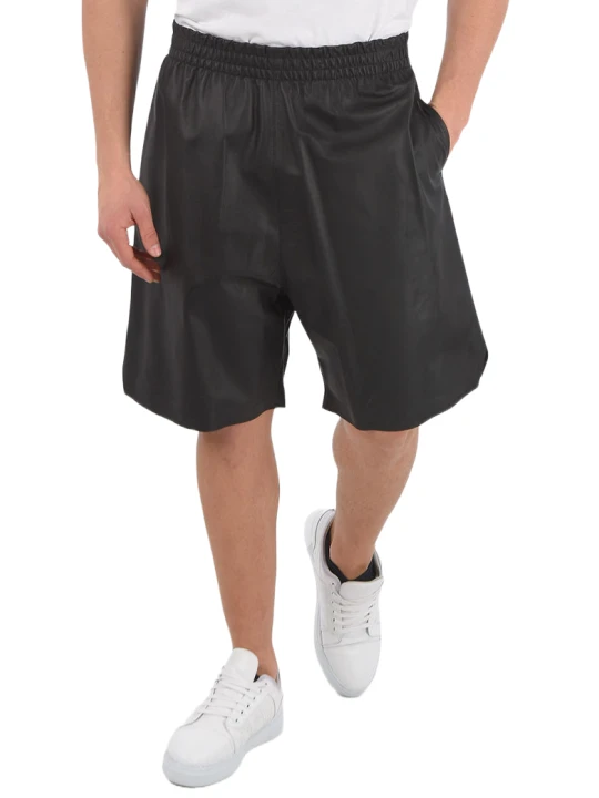 Men Relaxed Fit Real Lambskin Black Leather Sports Shorts