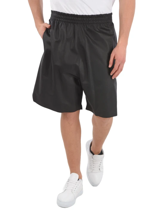 Men Relaxed Fit Real Lambskin Black Leather Sports Shorts