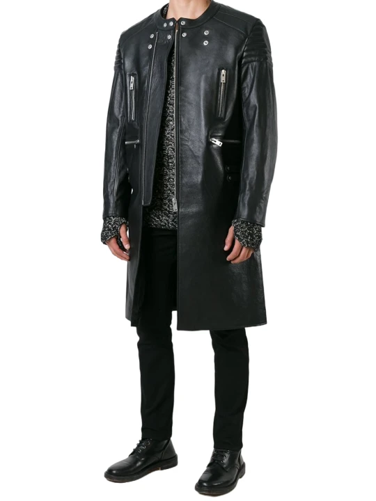 Men Dashing Real Sheepskin Black Leather Long Trench Coat