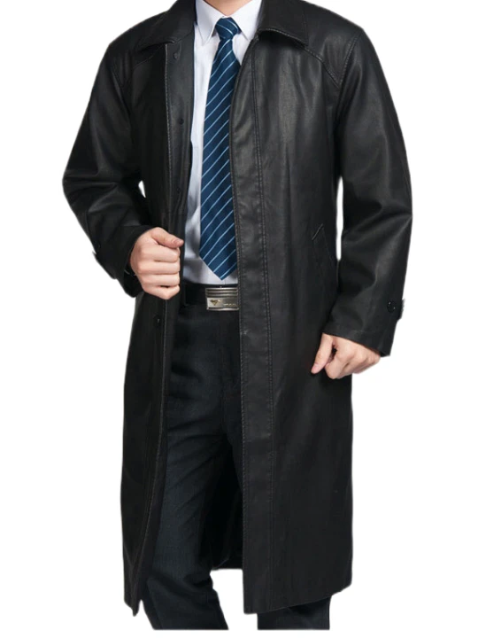 Men Edgy Fashion Real Sheepskin Black Leather Long Trench Coat