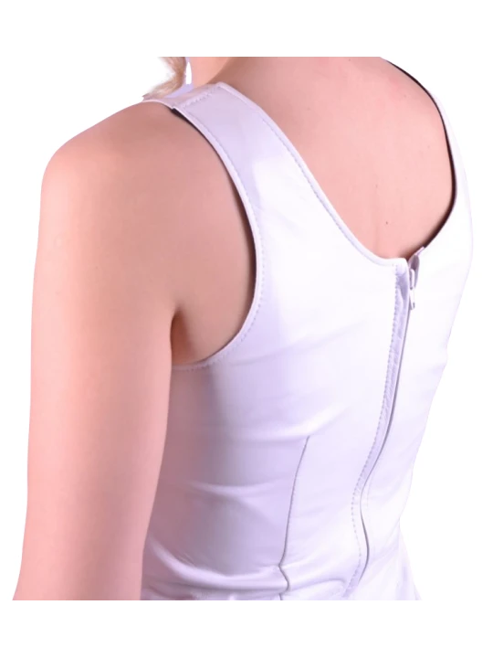 Women Sleeveless Real Lambskin White Leather Dress