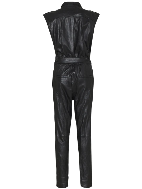 Women Stunning Real Lambskin Black Leather Jumpsuit