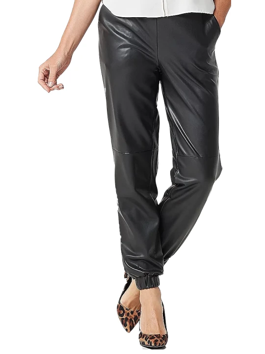 Women Joggers Style Real Lambskin Black Leather Trousers Pants