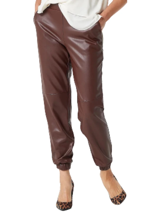 Women Joggers Style Real Lambskin Brown Leather Trousers Pants