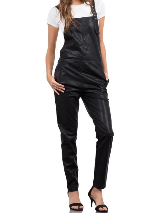 Women Timeless Fashion Real Lambskin Black Leather Overall Dungarees Romper