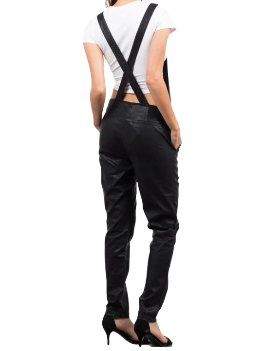 Women Timeless Fashion Real Lambskin Black Leather Overall Dungarees Romper