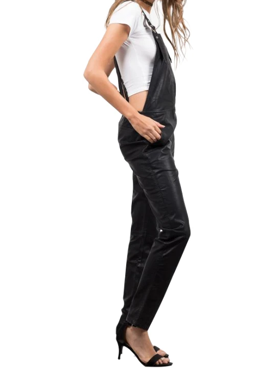 Women Timeless Fashion Real Lambskin Black Leather Overall Dungarees Romper