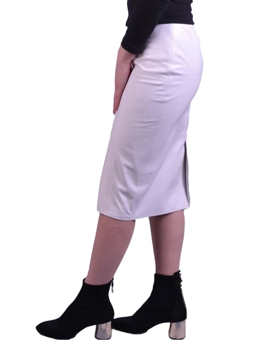 Women Classic Real Lambskin White Leather Pencil Skirt