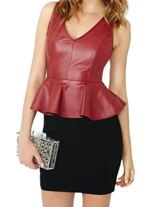 Women fashionable Real Lambskin Cherry Red Leather Tops