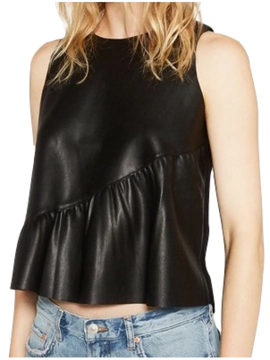 Women Sleeveless Real Lambskin Black Leather Tops