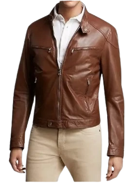 Stand Collar Long Sleeves Brown Leather Jacket